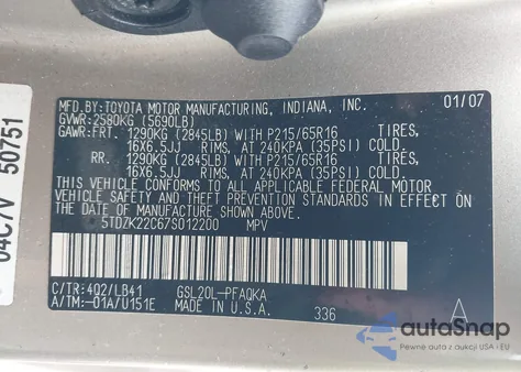 2007 Toyota Sienna Xle z USA, uszkodzony, nr VIN 5TDZK22C67S012200